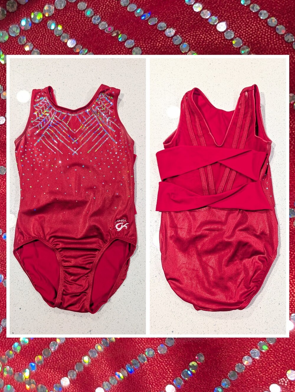 JADE CAREY Olympic GK Elite Gymnastics Leotard Large STRAPPY BACK Christmas RED